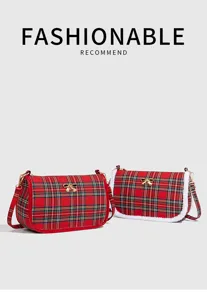 Sac à bandoulière à carreaux rouges pour femmes, élégant sac fourre-tout tendance avec nœud.