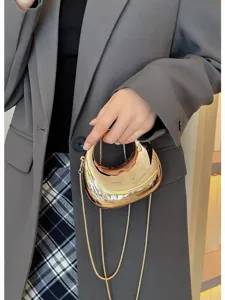 Fashion metallic gold mini shoulder bag with chain strap, trendy chic designer handbag for women