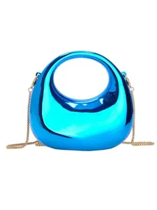 Glossy metallic blue circular crossbody handbag with gold chain for modern women.