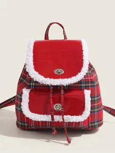 Women Canvas Plaid Backpack Casual School Bag Cute Commuting Travel Backpack Red Plaid Daypack Fashion Daily Bag