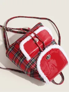 Red Plaid Backpack For Women Shearling Trim Cute School Bag Winter Commute Daypack
