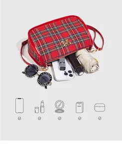 Sac à bandoulière à carreaux rouges avec nœud, détail de capacité, sac à main chic.