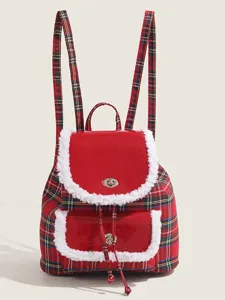 Women red plaid backpack with fluffy sherpa trim, cute mini school bag for winter daily commuting.