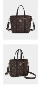 Vue détaillée du sac seau rétro monogrammé pour femmes, élégant sac bandoulière en cuir.