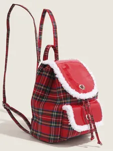 Red plaid backpack for women with white shearling trim and glossy finish, perfect for winter daily use.