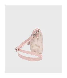 Pink leather shoulder crossbody bag side detail showcasing adjustable strap and silver hardware.