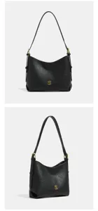 Zwarte PU lederen hobo schoudertas voor dames, casual dagelijkse handtas met metalen S logo.