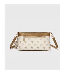 Chic cream and khaki shoulder bag with monogram print, metal zipper pocket, and cute bear charm.