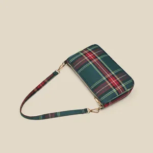 Stylish red plaid canvas underarm shoulder bag for women, trendy casual crossbody handbag.