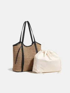 Grote Capaciteit Stro Geweven Tote Tas Strand Schouder Handtas Casual Woon-Werkverkeer Chic Geweven Portemonnee Voor Vrouwen Reizen Shopper
