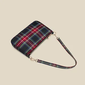 Red plaid canvas underarm bag, casual single shoulder crossbody bag for women details.