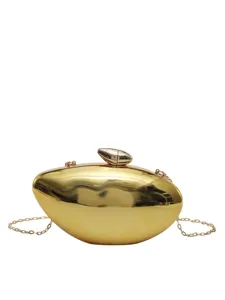 Elegante borsa da sera rigida dorata in metallo con catena, borsetta a tracolla donna.
