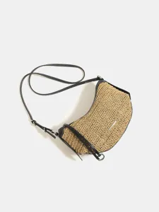 French woven straw hobo shoulder bag with black leather trim, stylish summer crossbody bag.