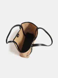Gevlochten strooien shopper tas met zwarte lederen handvatten, grote strandtas voor dames.