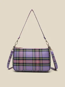 Purple plaid shoulder bag for women, stylish crossbody bag, trendy casual daily canvas bag.