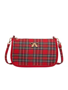 Sac à bandoulière à carreaux rouges avec nœud doré, élégant sac pour femme au quotidien.