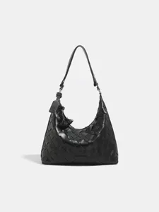 Bolso de hombro hobo de cuero tejido negro para mujer, bolso elegante de gran capacidad.