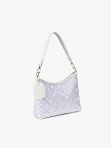 Elegante jacquard schoudertas met geometrisch patroon en stijlvolle witte lederen band.