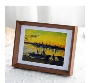 Wooden photo frame detail showcasing retro design, wood grain texture and elegant white mat board.