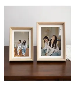 Wooden photo frame detail showcasing natural grain desktop ornament home decor setup.