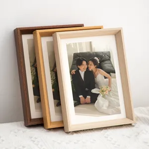 Wooden photo frame set for desktop display and wall hanging, natural wood finish picture frame.