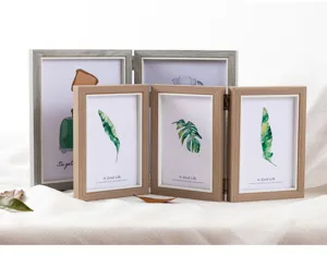 Wooden folding photo frame triple hinged multi picture frame for tabletop home decor display