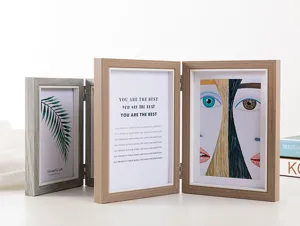 Wooden folding multi-photo frame triple picture display stand for tabletop home decor