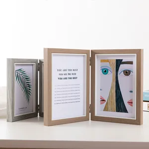 Wooden folding photo frame triple hinged multi picture display stand for lovely home decor.