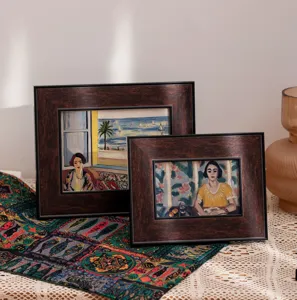 Retro vintage picture frame for oil painting display, dark brown wood texture minimalist square design