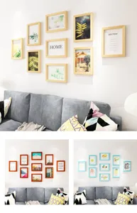 Detailed view of creative wooden photo frame wall gallery sets for modern living room decor.