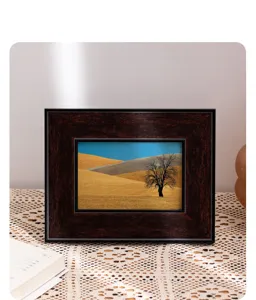 Retro dark wood picture frame for home decor, vintage style square photo frame for table display.