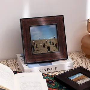 Vintage square photo frame with wood grain texture, retro art picture frame for table decor.