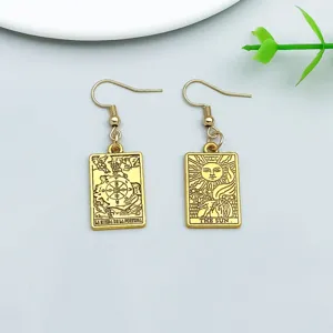 Gold Tarot Card Earrings Vintage Alloy Esoteric Sun Wheel of Fortune Drop Dangle Earrings