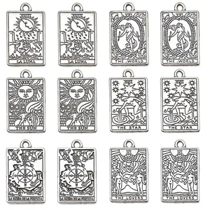 Set of 12 antique silver tarot card pendants charms for DIY jewelry making and necklace crafts.