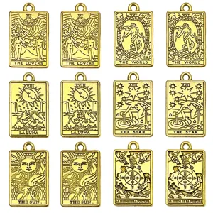 12pcs Gold Tarot Card Pendants Antique Alloy Double-Sided Charms for DIY Jewelry Making Crafts
