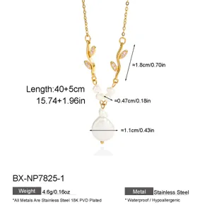 French style stainless steel cubic zirconia branch freshwater pearl clavicle necklace, 40+5cm.