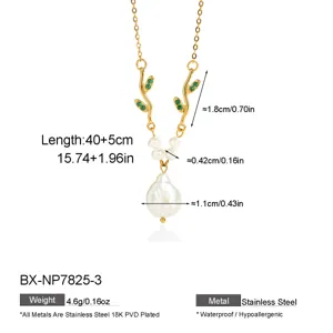 Detailed view of stainless steel baroque pearl necklace with branch design, showing exact sizes.
