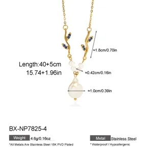 French style stainless steel colorful zircon branch necklace with baroque pearl pendant.