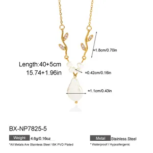 Elegant 18K PVD gold plated stainless steel baroque pearl branch necklace with crystal details.