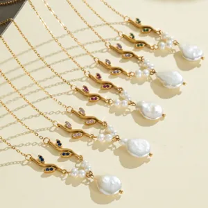 French Stainless Steel Colorful Zircon Branch Necklace Luxury Baroque Freshwater Pearl Clavicle Chain Women Jewelry