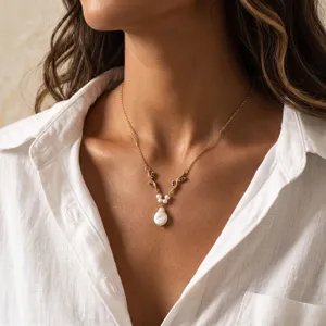 Detailed view of the exquisite gold branch pendant necklace with baroque pearl and blue zirconia.