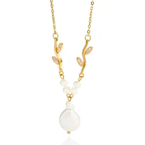 French style stainless steel cubic zirconia branch baroque freshwater pearl necklace for women