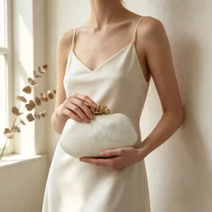 Elegante weiße strukturierte Abendtasche Detail mit verziertem goldenen Kronenverschluss.