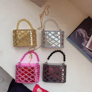 Acryl strass cilinder tas met kralen handvat en ketting riem mode handtas.