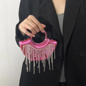 Sac de soirée en acrylique rose pour femme, sac à main à franges de strass, pochette élégante.