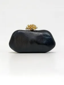 Schwarze texturierte Abendtasche Clutch mit luxuriöser goldener Kronenmetallschließe Party