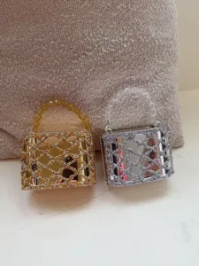 Acryl strass avondtasje met kralenhandvat, elegante gouden en zilveren dameshandtas.