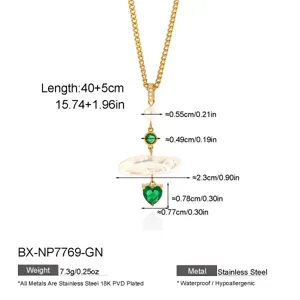 Collar de clavícula de perla de cristal verde corazón chapado en oro 18K de acero inox