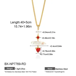 Exquisito collar corazon perla de acero inoxidable chapado en oro con dimensiones.