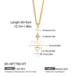Collar de perlas con corazón de acero inoxidable dorado y colgante circonita, elegante.